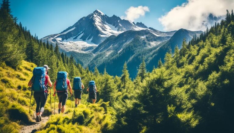 grope qui font une expedition en montagne traversant un forêt de connifères