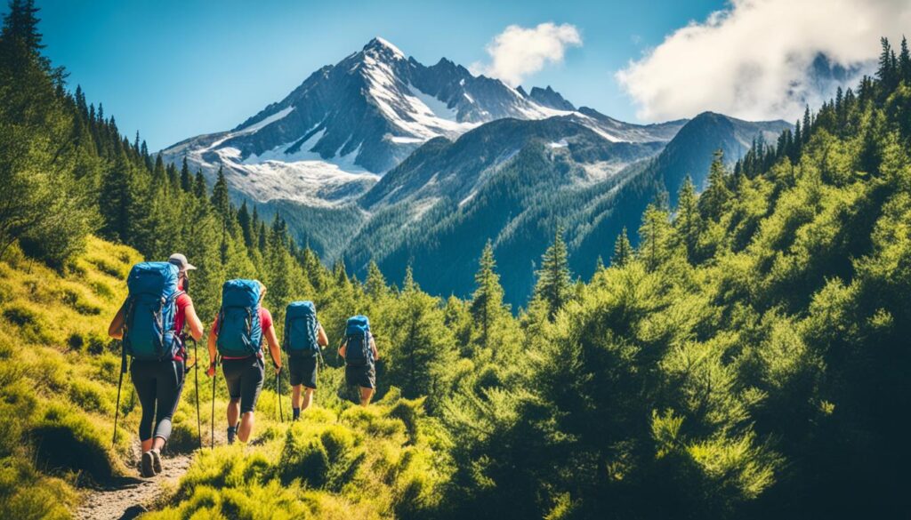 grope qui font une expedition en montagne traversant un forêt de connifères
